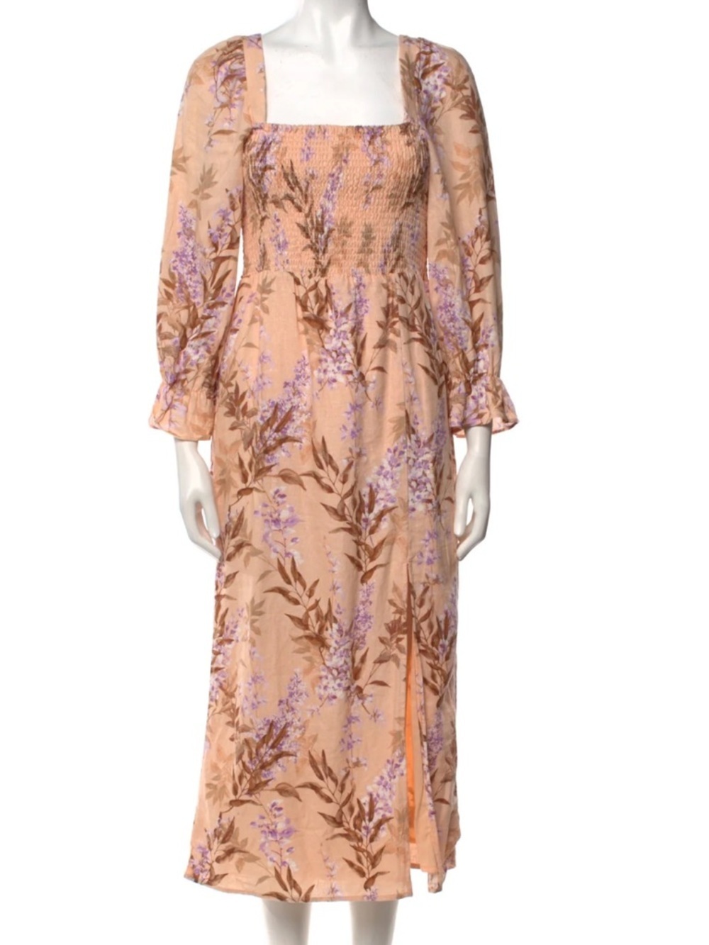 House of Harlow Midi Dress  Floral Smocked Bodice Puffed Sleeves